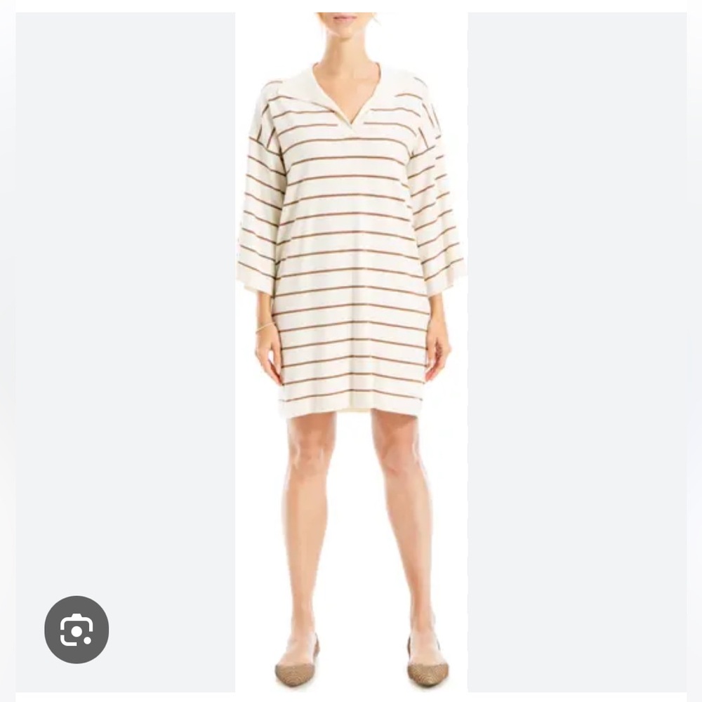 Max Studio Johnny collar striped knit dress color off white caramel small